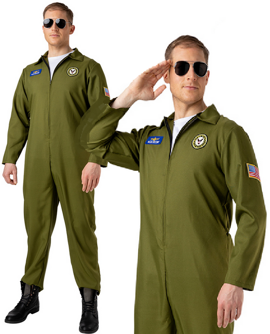 Top Shot Pilot Costume 1980s Flight Navy Mens Aviator Army Fancy Dress 80s