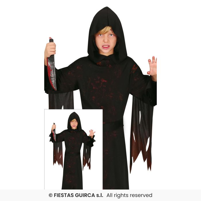 Hooded Assassin Grim Reaper Boys Black Robe Halloween Fancy Dress Costume