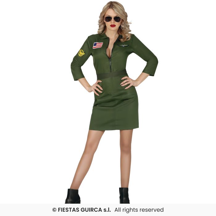 Ladies Pilot Costume Military Army Fighter Jet Khaki Aviator Fancy Dress UK 8-18
