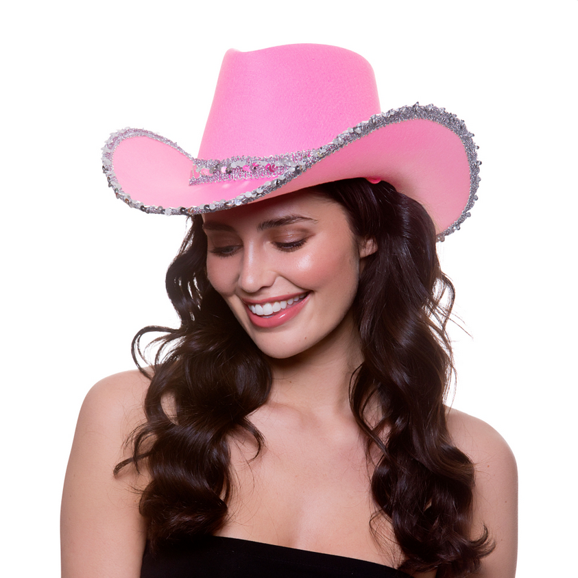 Sequin Cowboy Hat Ladies Wild West Western Cowgirl Hat Fancy Dress Costume Pink White
