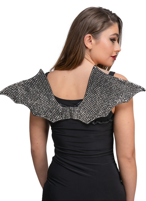 Rhinestone Bat Wings Silver Gemstone Black Wings Gothic Adults Halloween Fancy Dress