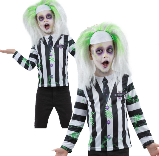 Beeltejuice Top Kids Halloween Official Fancy Dress Black & White Top Girls Age 4-12