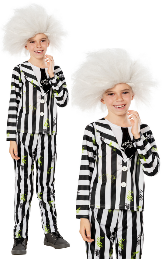 Beetlejuice Kids Costume Boys Girls Official Halloween Fancy Dress Outfit + Wig