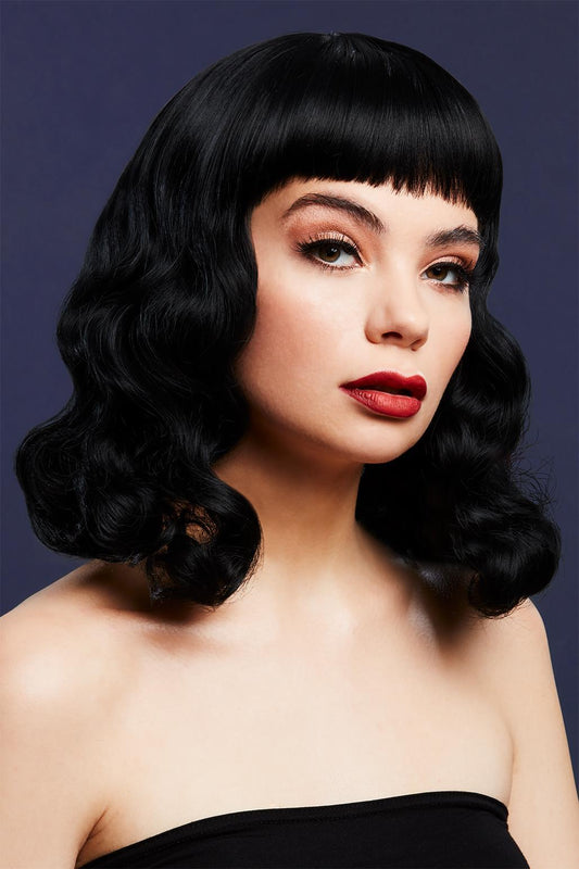 Fever Bettie Wig with Short Fringe Black 1950s Pin Up Ladies Fancy Dress Wig