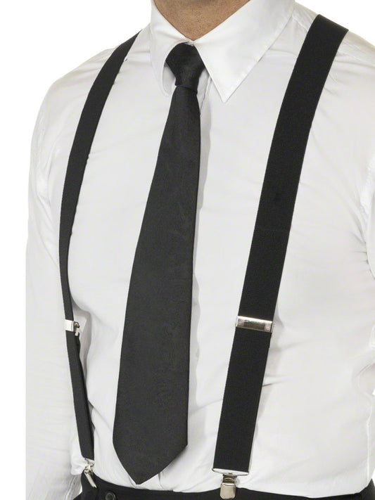 Black Elasticated Black Elasticated Braces Metal Clip Gangster 20s Mens Fancy Dress Accessory