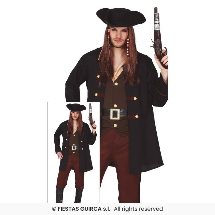 Black Adults Pirate Costume Mens Halloween Pirates Fancy Dress Outfit S-XXL
