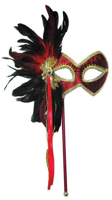 Black & Red Feather Ladies Eyemask On Stick Opera Masquerade Fancy Dress