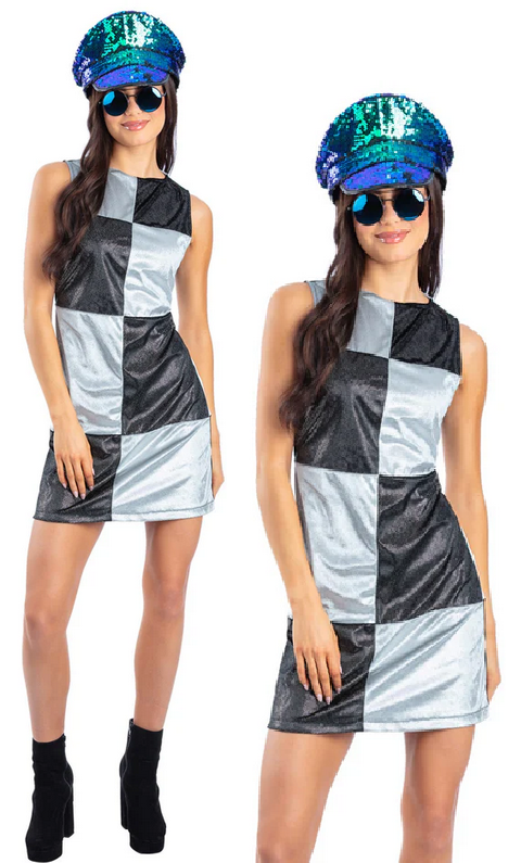 Disco Darling Checkerboard Costume Black & Silver 60s 70s Ladies Shift Dress UK 8-22