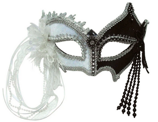 Black & White Mask With Feathers Ladies Masked Ball Fancy Dress Eyemask