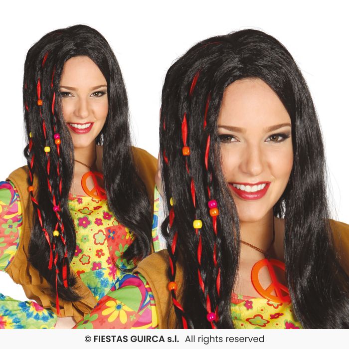Black Hippie Wig With Braids & Beads Ladies 60s Hippy Fancy Dress Accessory