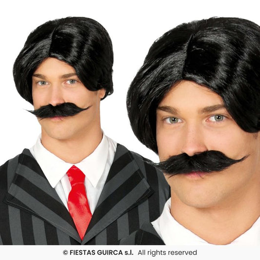 Black Wig With Mustache Adults Horro Family Fancy Dress Black Wig + Tash