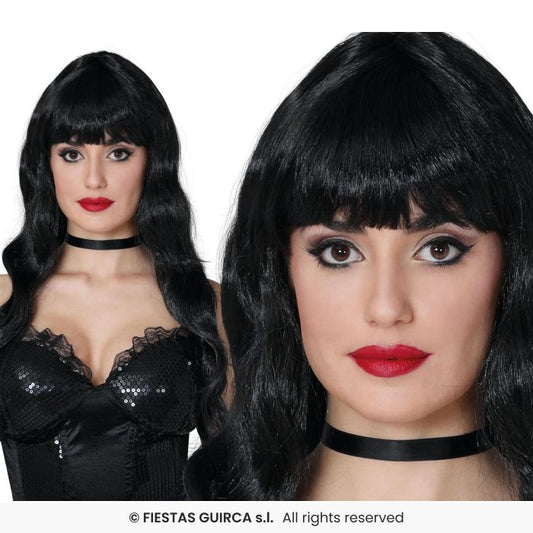 Long Black Wavy Wig Ladies Halloween Fancy Dress Wig With Fringe