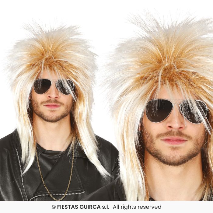 Blonde Rocker Wig Mens 70s 80s Fancy Dress Pink Wig Adults Mullet