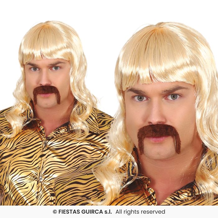 Mens Blonde Wig & Brown Mustache 70s 80s Tiger Disco King Fancy Dress + Tash