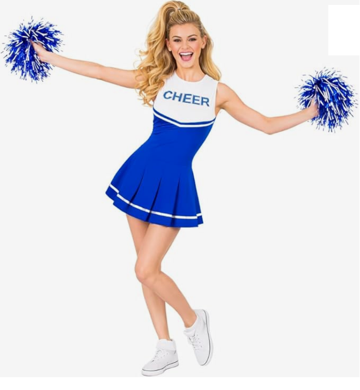 Ladies Cheerleader Costume Hen Night Party Fancy Dress Outfit + Pom Poms