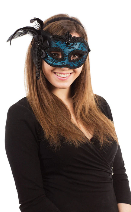 Blue & Black Lace Eyemask Ladies Fancy Dress Masked Ball Fancy Dress Prop