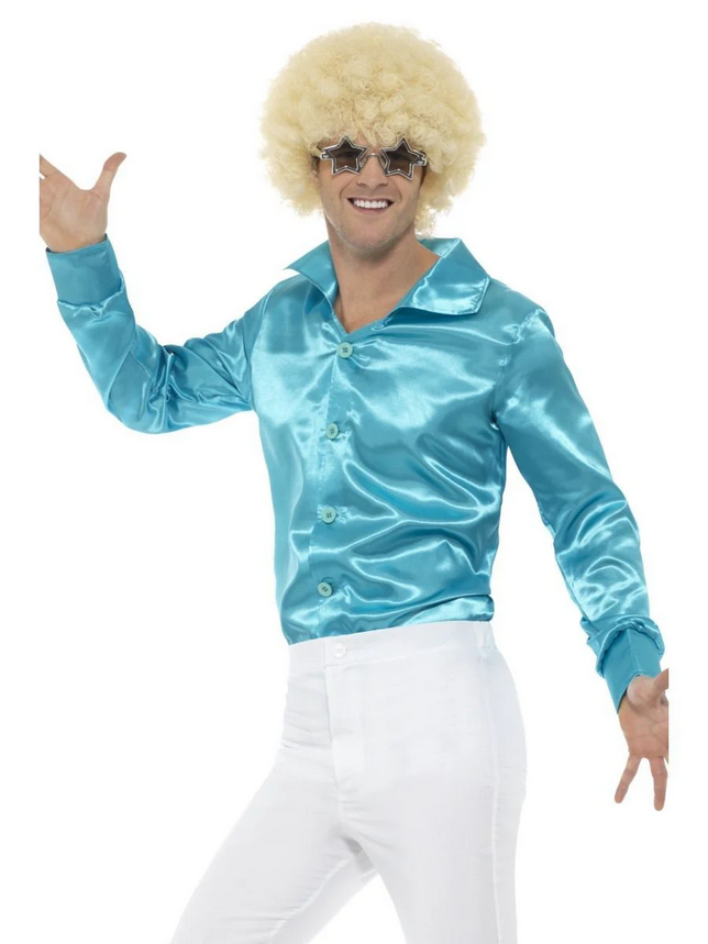 60s 70s Disco Shirt Satin Blue Retro Disco Dancing Fancy Dress Mens