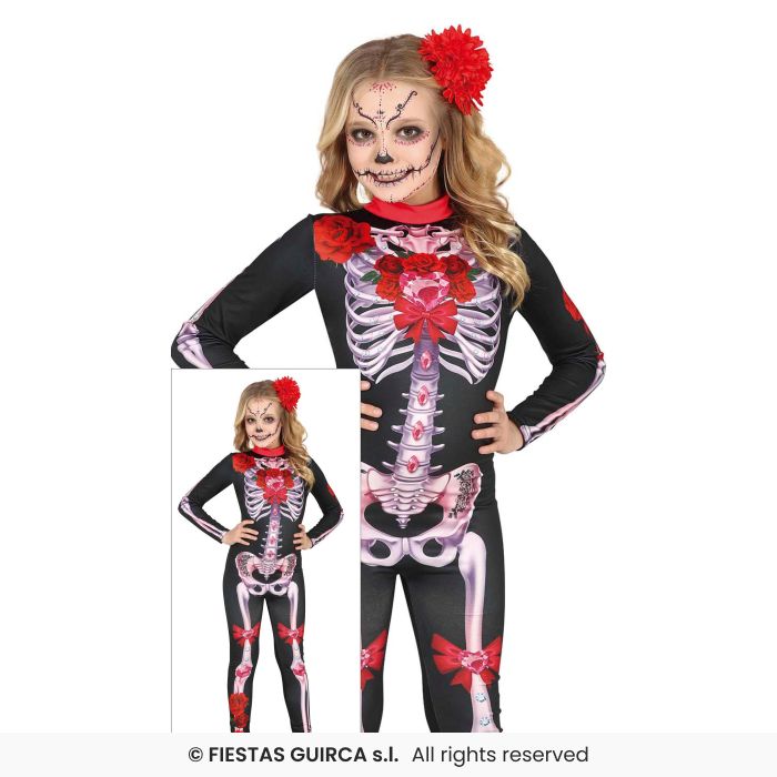 Catrina Day Of The Dead Bodysuit Skeleton Girls Fancy Dress Costume Halloween Age 3-12