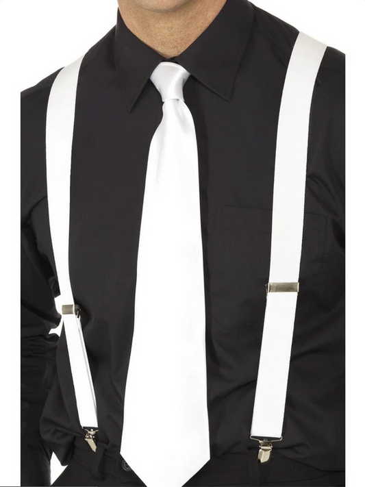 White Braces Elasticated With Metal Clips Adults Fancy Dress Accessory