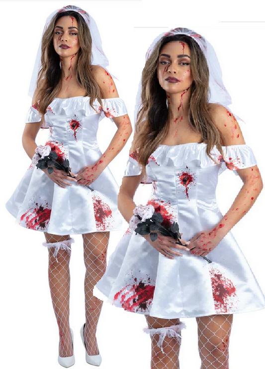 Bloody Bride Ladies Fancy Dress Zombie Halloween Fancy Dress Costume UK 8-18