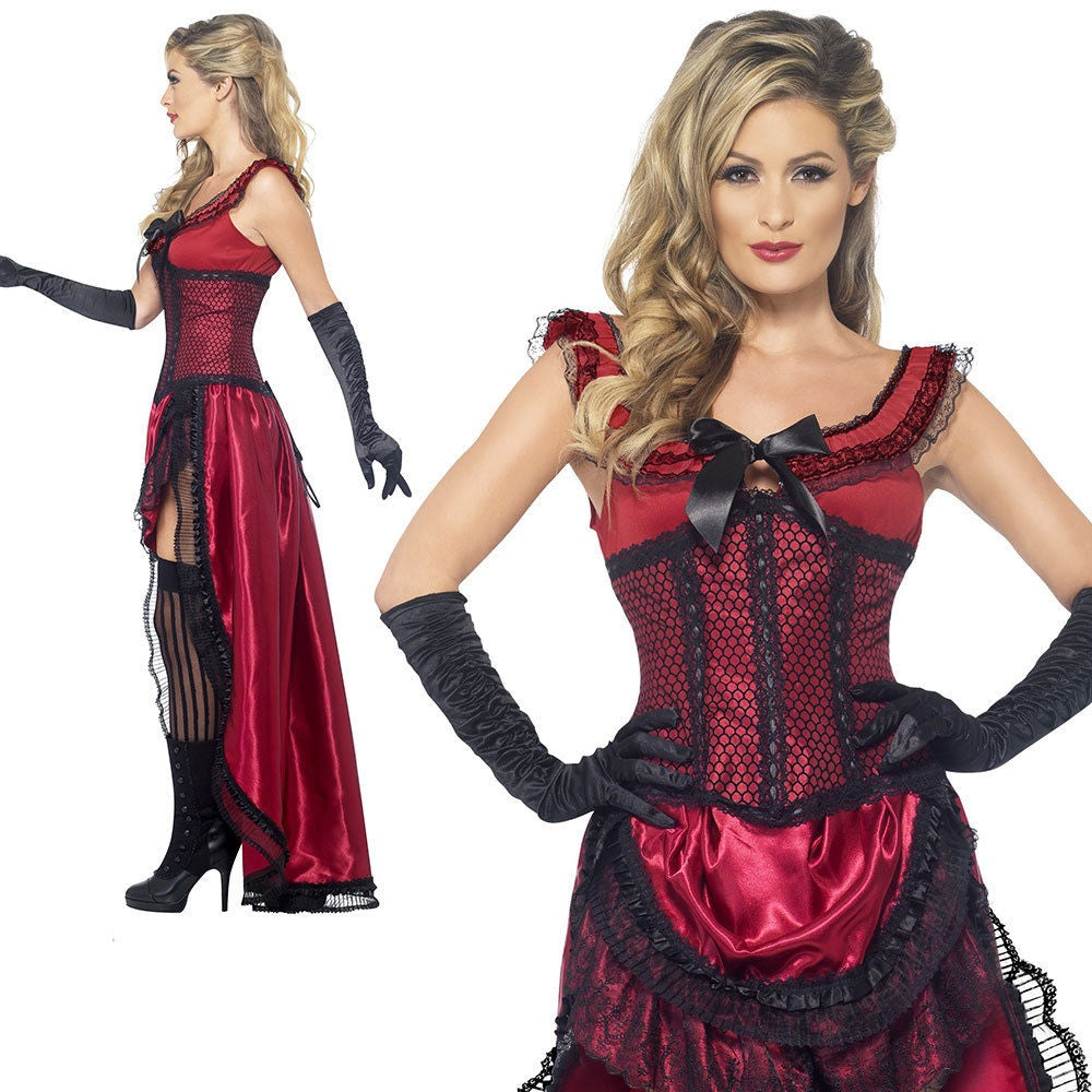 Ladies Western Authentic Brothel Babe Costume Red Fancy Dress Burlesque UK 8-18