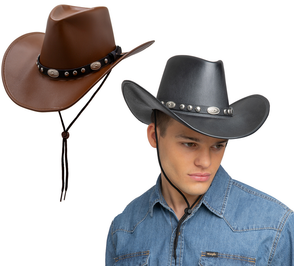 Texan Deluxe Faux Leather Black Or Brown Wild West Rodeo Cowboy Hat Fancy Dress