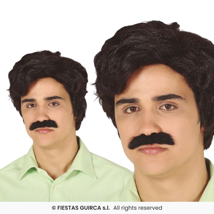 Drug Lord Mens Wig & Mustache Adults Fancy Dress Short Black Wig + Tash