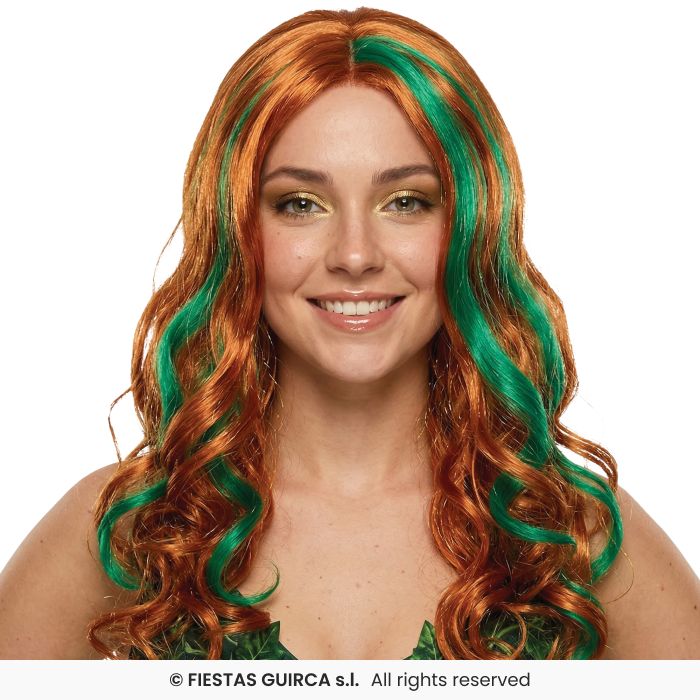 Brown & Green Ladies Long Wavy Wig Adults Fancy Dress Accessory