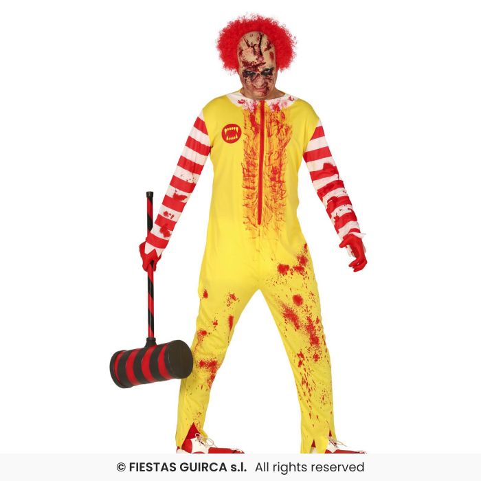Mens Yellow Burger Clown Halloween Ronald Zombie Clown Fancy Dress Costume