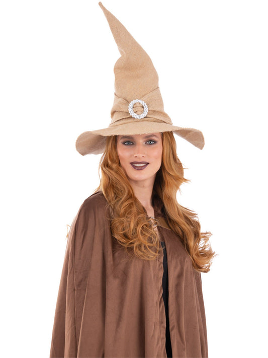 Burlap Witch Hat Ladies Halloween Witches Hat Fancy Dress Accessory Tan Cream Hat