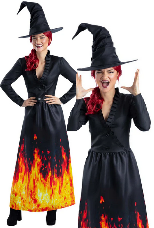 Burning Witch Costume Ladies Halloween Witches Fancy Dress Outfit UK 8-18