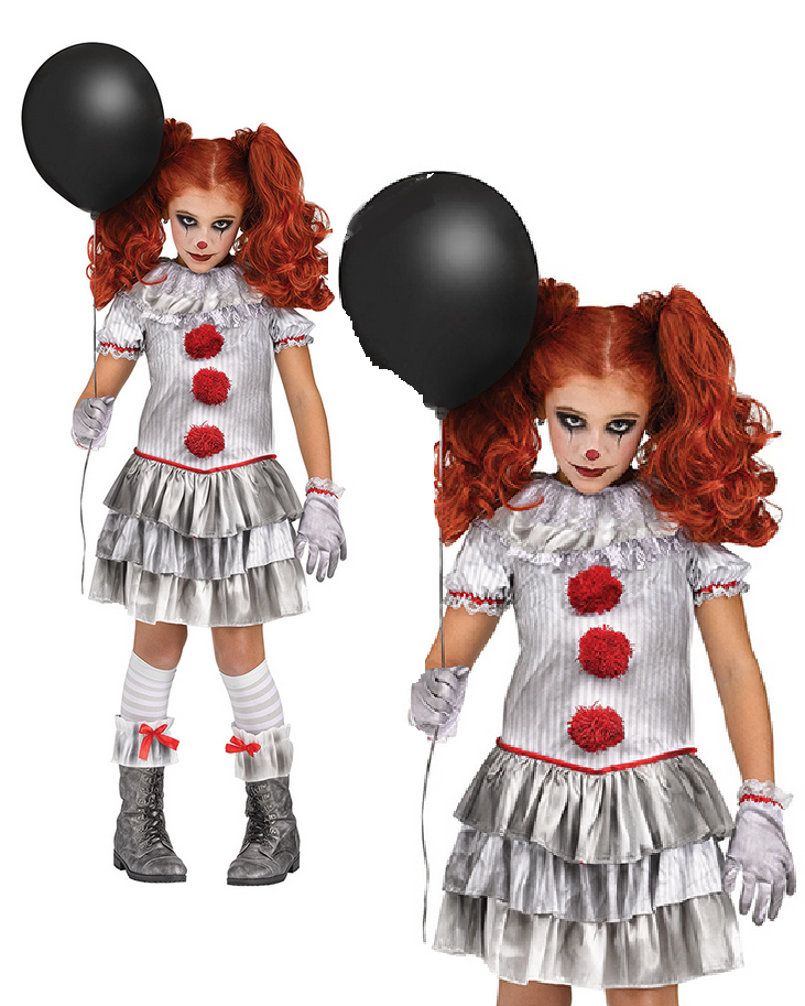 Carnevil Clown Girls Penny Grey Clown Halloween Fun World Fancy Dress Outfit Scary