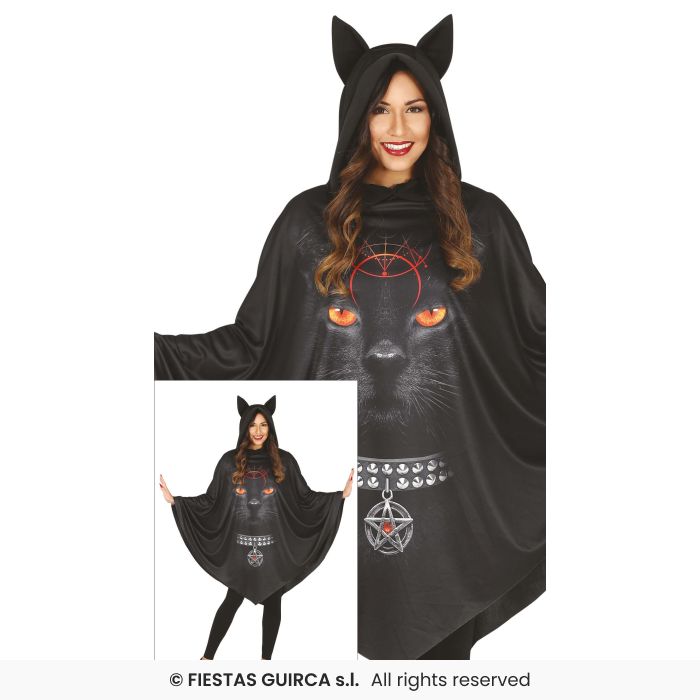 Midnight Cat Costume Ladies Halloween Black Cat Fancy Dress Poncho One Size