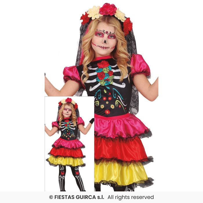 Catrina Skeleton Bride Girls Mexican Day Of The Dead Fancy Dress Costume Age 3-12