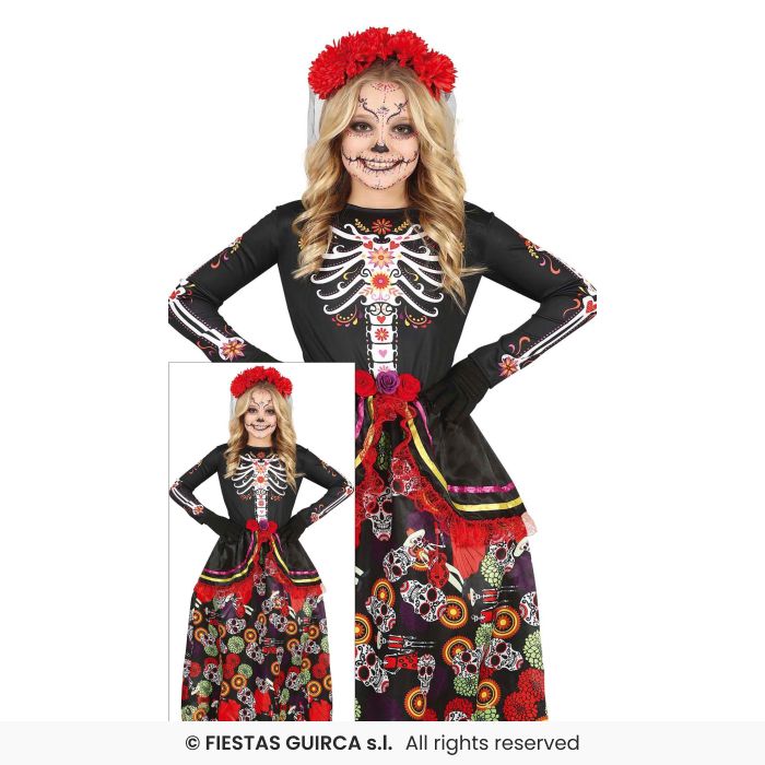 Catrina Day Of The Dead Deluxe Skeleton Girls Fancy Dress Costume Halloween Age 3-12