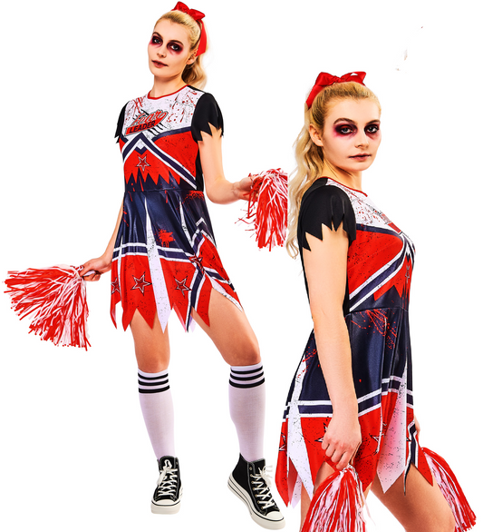 Zombie Cheerleader Ladies Halloween Fancy Dress Costume UK 6-18 + Pom Poms