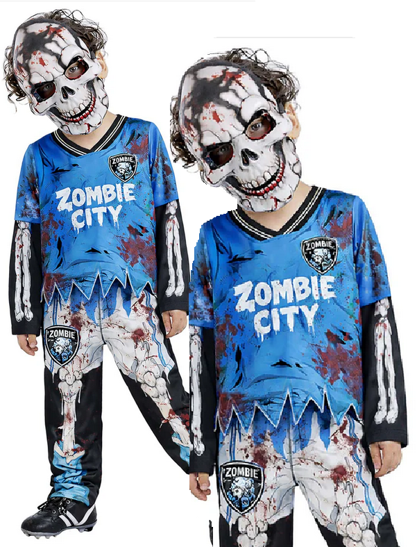 Zombie City Footballer Skeleton Costume Kids Halloween Fancy Dress Outfit Age 4-12