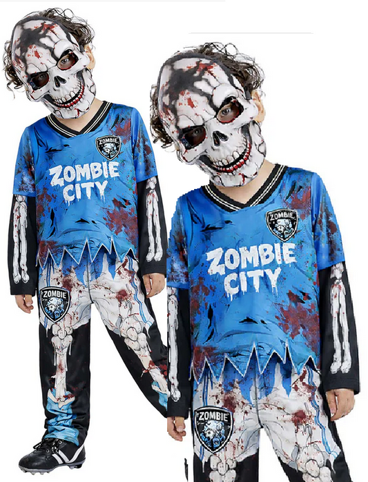 Zombie City Footballer Skeleton Costume Kids Halloween Fancy Dress Outfit Age 4-12