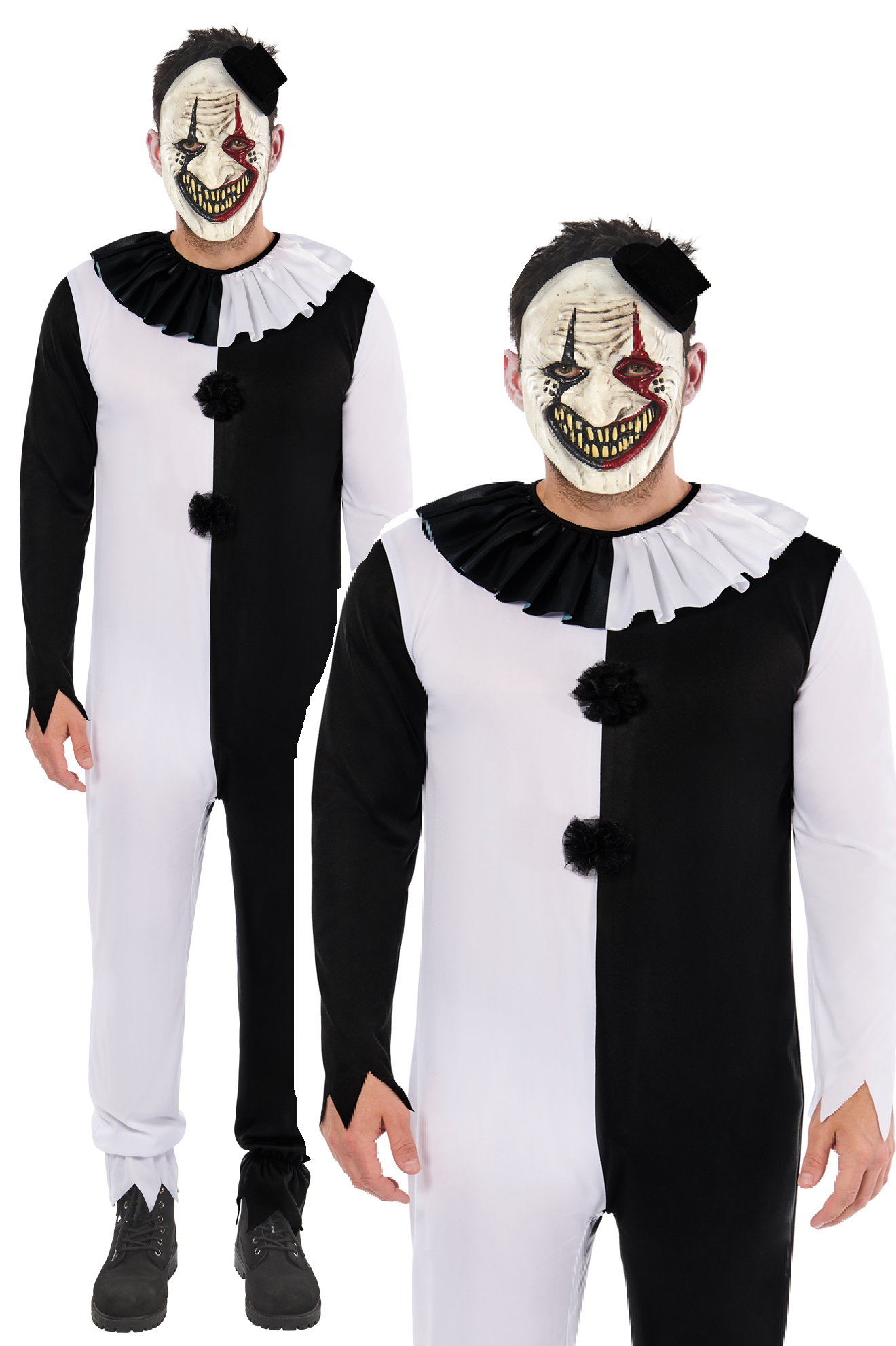 Horror Clown Costume Mens Black & White Clown Fancy Dress Outfit + Mask