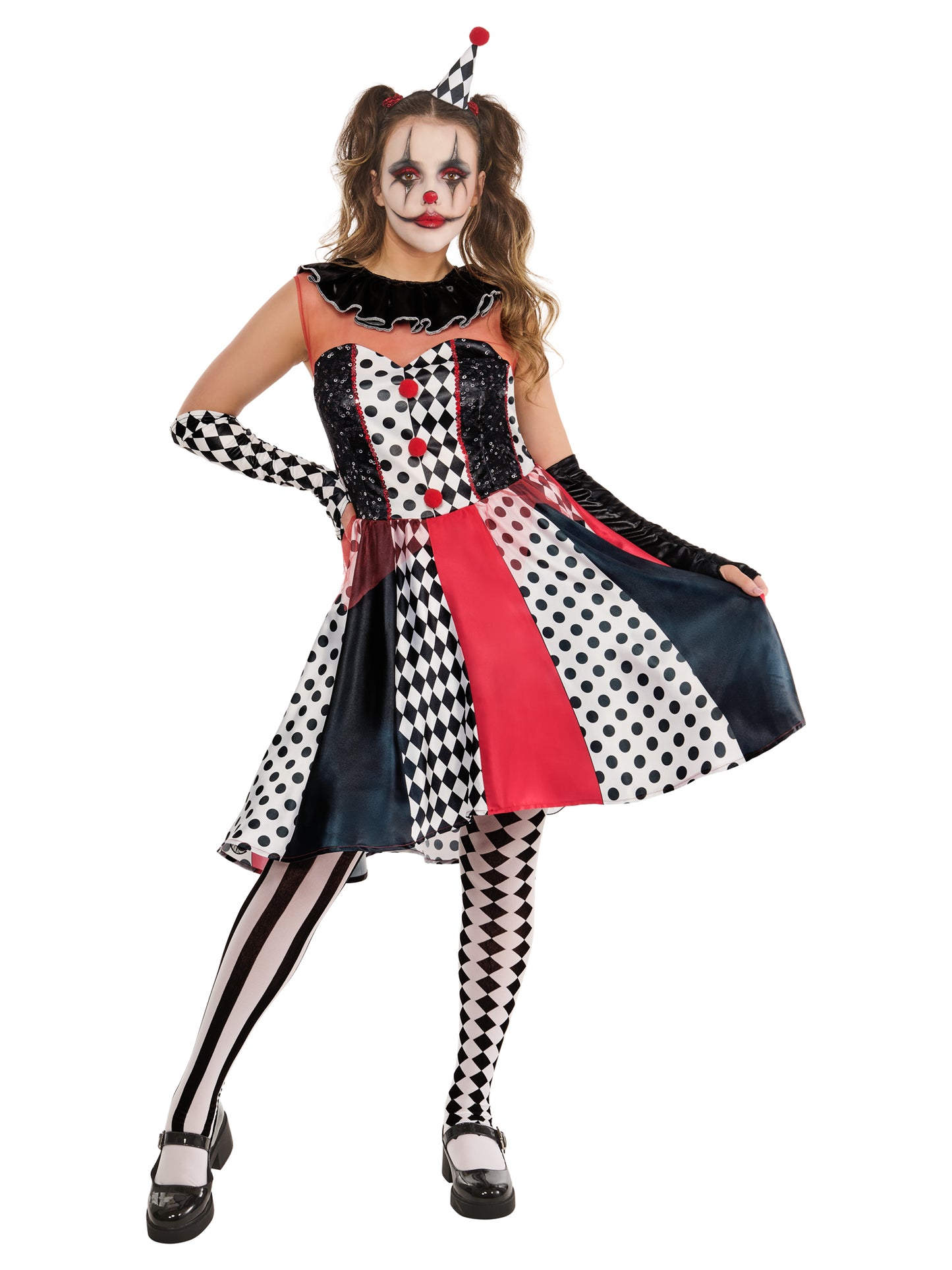Adults Monochrome Clown Costume Halloween Ladies Fancy Dress Jester