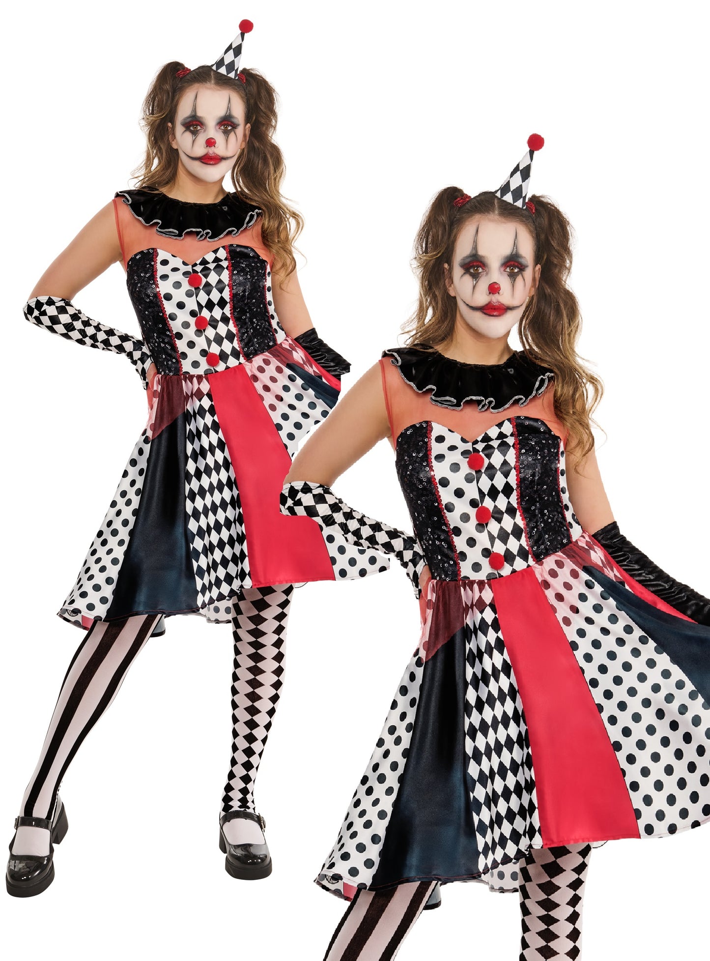 Adults Monochrome Clown Costume Halloween Ladies Fancy Dress Jester