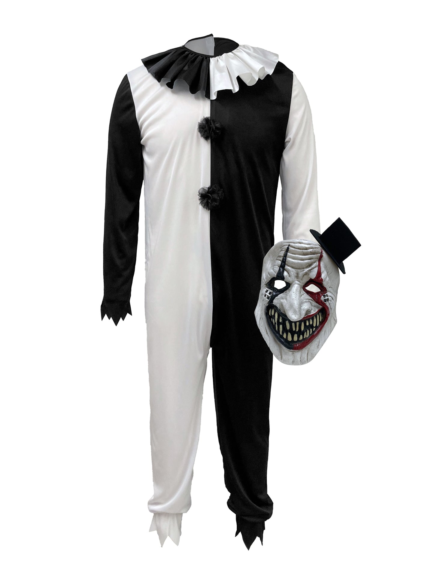 Horror Clown Costume Mens Black & White Clown Fancy Dress Outfit + Mask
