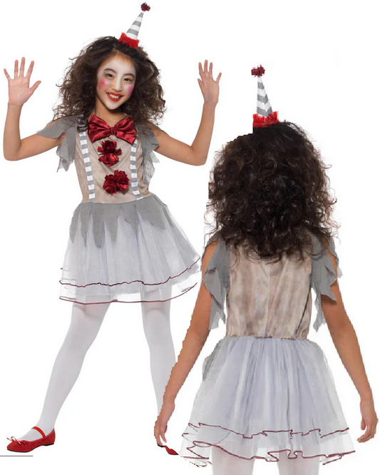 Girls Vintage Clown Costume Scary Circus Halloween Kids Fancy Dress Age 4-12