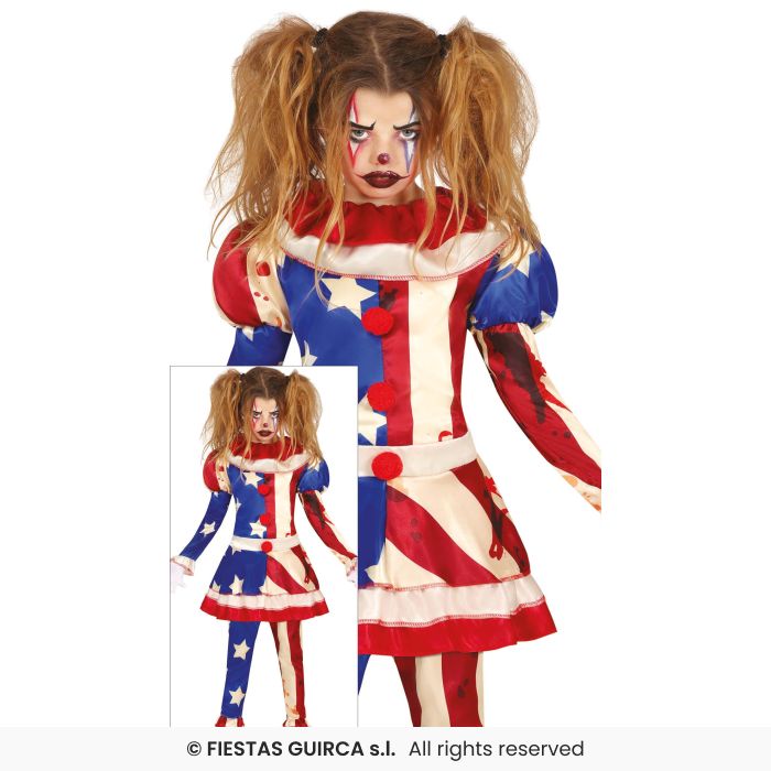 Stars & Stripes American Flag Clown Costume Girls Scary Clown Fancy Dress Age 3-12