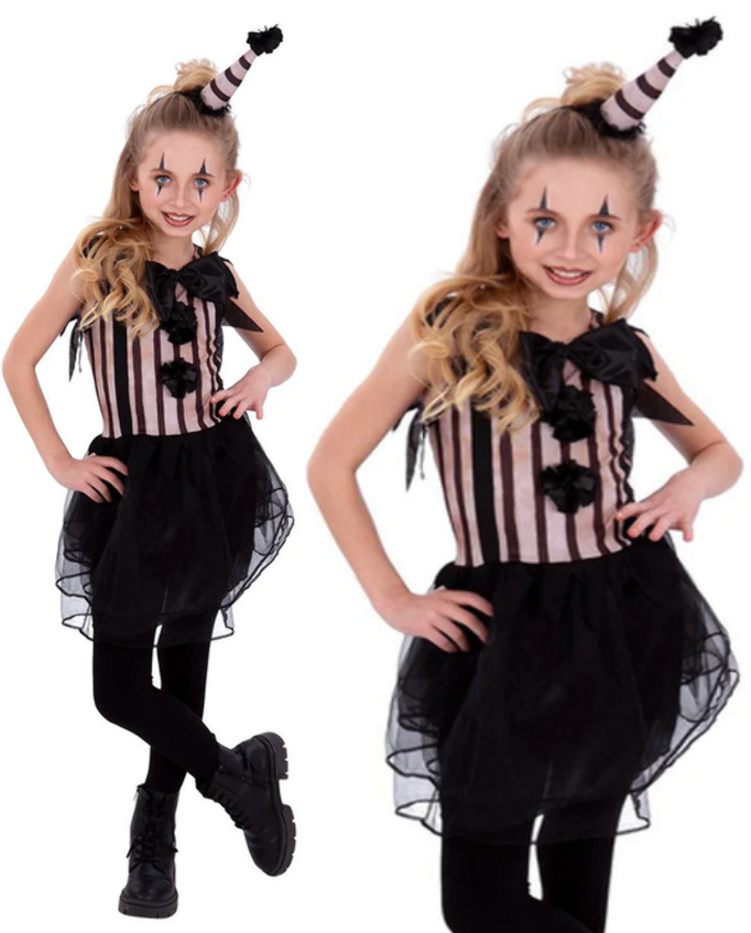 Dark Vintage Clown Girls Halloween Clowns Fancy Dress Outfit Age 4-12