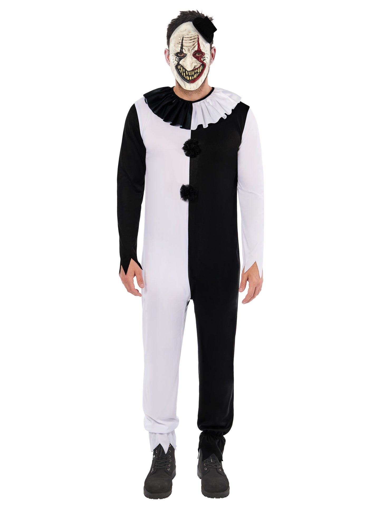 Horror Clown Costume Mens Black & White Clown Fancy Dress Outfit + Mask