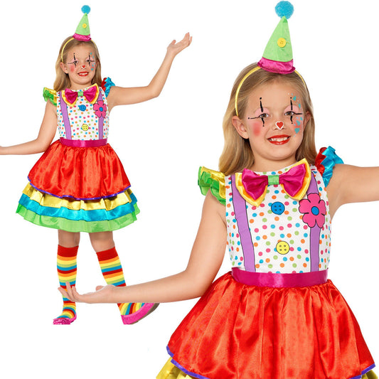 Girls Deluxe Clown Costume & Hat Circus World Book Week Day Fancy Dress Age 4-12
