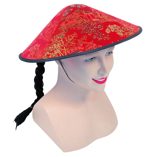 Chinese Coolie Red Fabric Hat + Plait