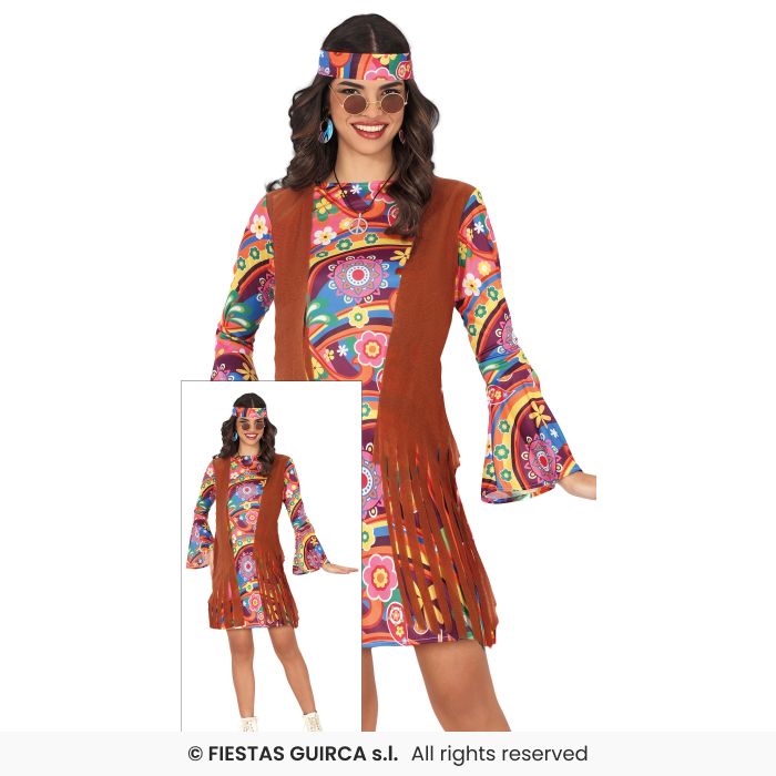 Colourful Hippie Dress 70s Flower Power Hippy Retro Ladies Fancy Dress Costume UK 8-18