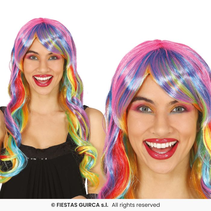 Multi Coloured Long Wavy Wig Ladies Fancy Dress Fringed Neon Wig 80s